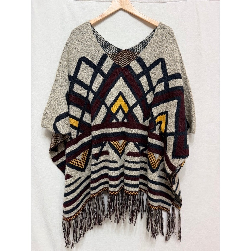 Unbranded Women's Poncho Sweater Geometric Aztec Fringe Gray Burgundy Boho Wrap